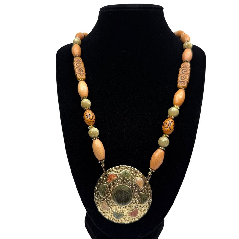 Bohemian Ethnic Tribal Style Wood Bead Necklace Gold Tone Enamel Pendant 22"